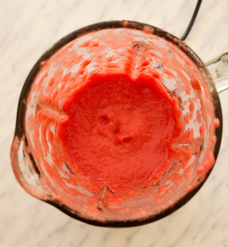 Overhead photo of the blended tomato and bread in a blender.