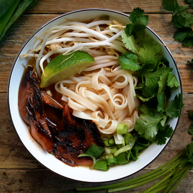 Vietnam's most famous soup made vegan! Start with a killer vegetable broth with a few select spices and add your garnishes. The best part of this dish is the smoky marinated mushrooms.