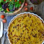 This vegan quiche lorraine is made from a base of chickpea flour. Smoky tofu bacon is the perfect filling. Makes a great dish for Sunday brunch, lunch or dinner!