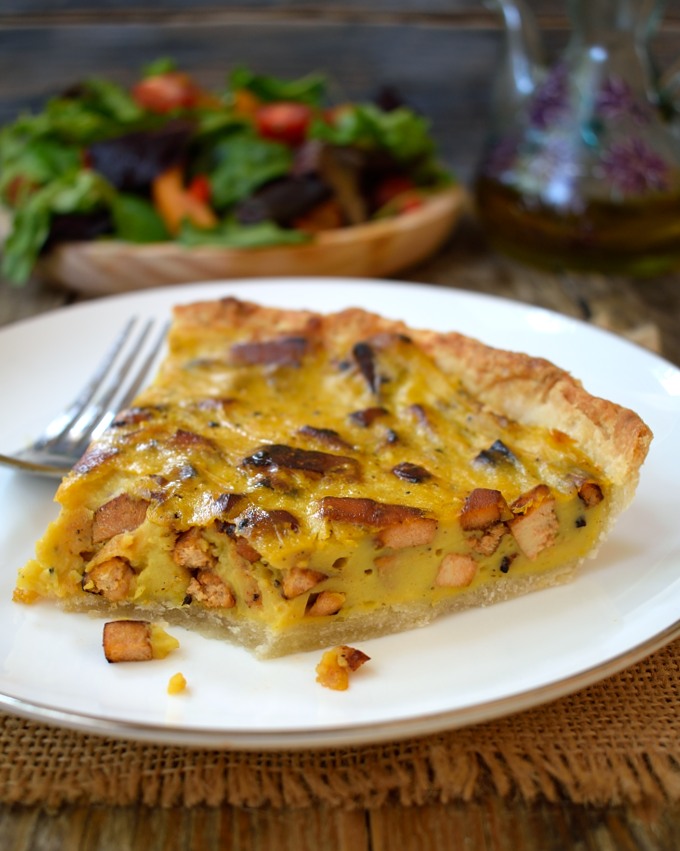 This vegan quiche lorraine is made from a base of chickpea flour. Smoky tofu bacon is the perfect filling. Makes a great dish for Sunday brunch, lunch or dinner!