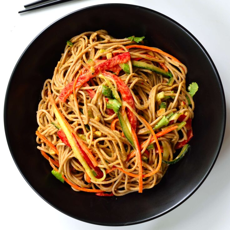 Sesame-ginger soba noodles are another great 30-minute dish. Soba is high in vitamins and minerals and combined with fresh, raw veggies and a simple sesame-ginger sauce. Totally plant-based, this dish makes a great vegetarian or vegan main.