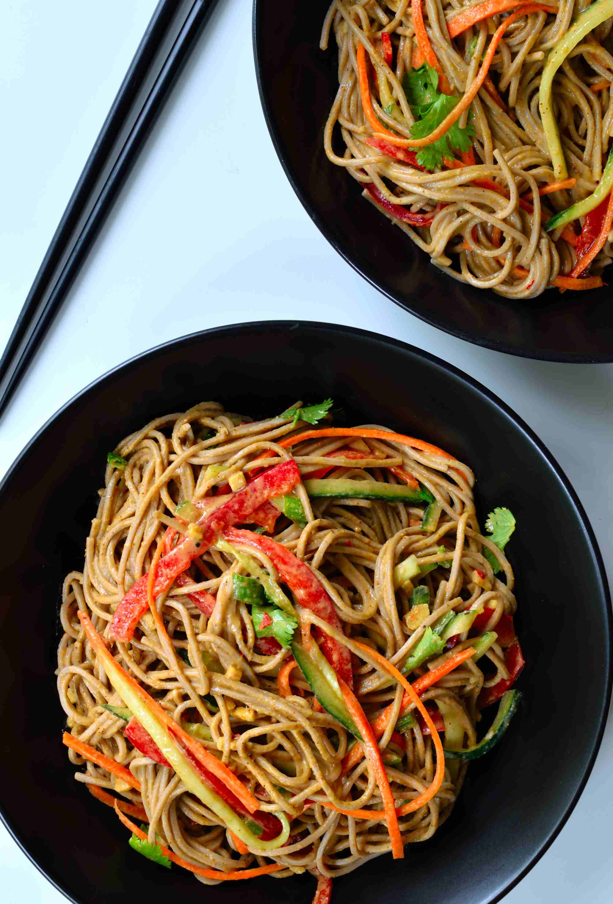 Sesame-ginger soba noodles are another great 30-minute dish. Soba is high in vitamins and minerals and combined with fresh, raw veggies and a simple sesame-ginger sauce. Totally plant-based, this dish makes a great vegetarian or vegan main.
