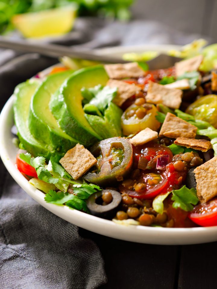 This vegan taco salad with lentils recipe is a quick and delicious 30-minute recipe. No added oil for a super healthy and satisfying meal.