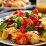 La panzanella es una ensalada italiana de tomate y pan; ingredientes humildes que irradian sabor. Tomates frescos, albahaca, cebolla roja, pan del día anterior y un aderezo ácido y umami (gracias a un ingrediente sorprendente) es todo lo que necesitas para disfrutar de esta ensalada colorida y deliciosa!