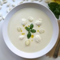 White Garlic Soup with Basil-Infused Olive Oil Ice Cream