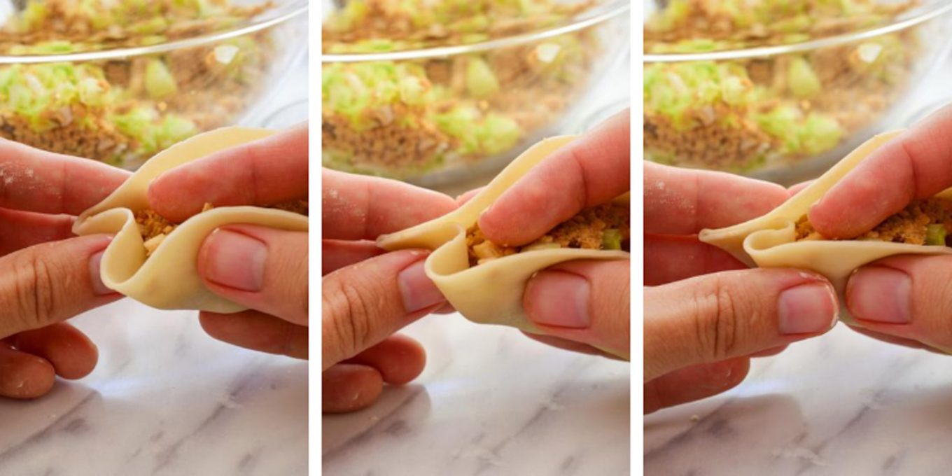 Two hands showing the folding technique for potstickers.