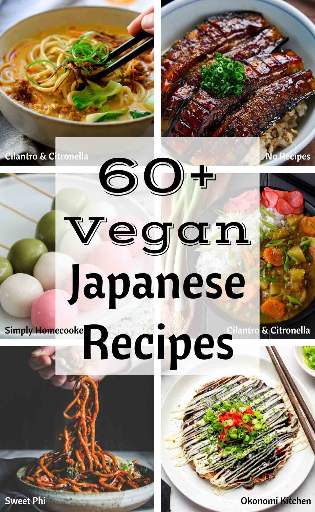 A collage image of six vegan Japanese recipes with the title of the post in the middle.