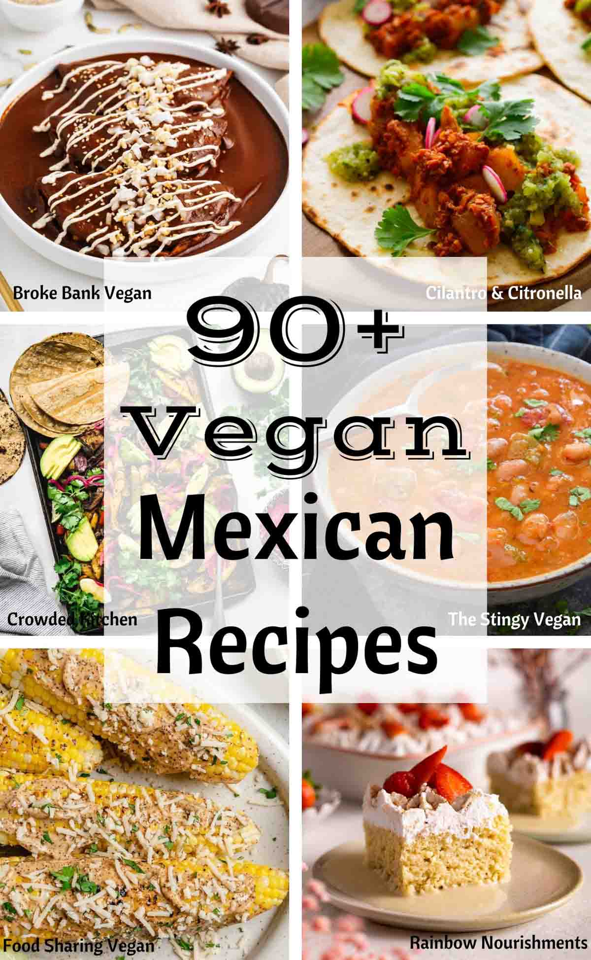 A collage image of six dishes and the title "90+ vegan Mexican recipes" in the middle.